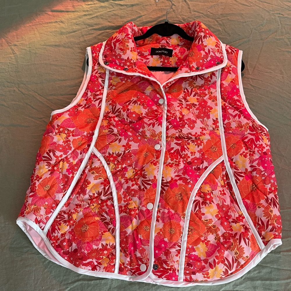 Dokotoo Floral Quilted Vest - Pink and Orange